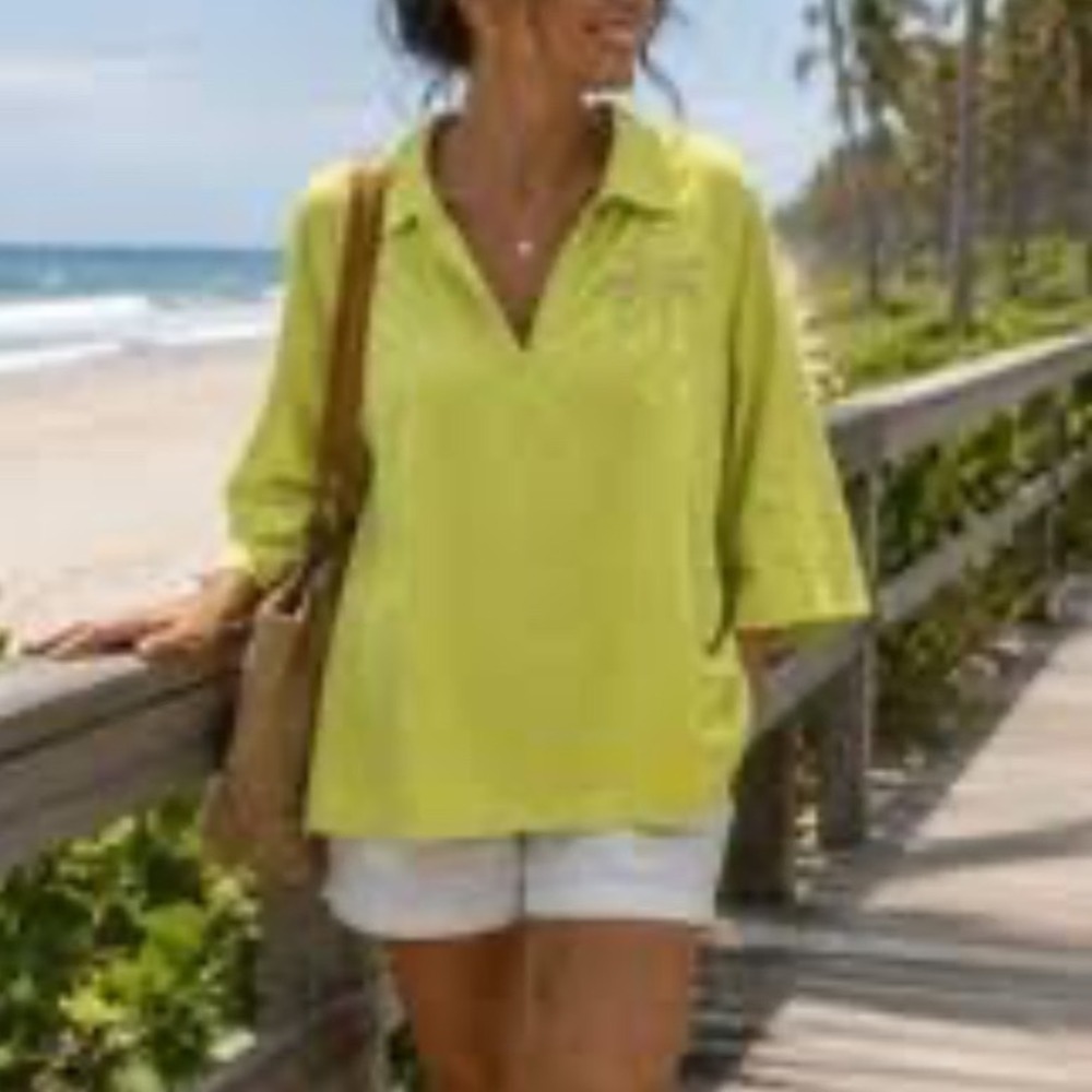 Calypso St Barth Womens 2X Linen Blend Palm Tree Tunic Top Lime Green Chartreuse